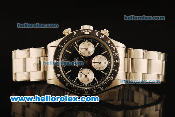 Rolex Daytona Vintage Chronograph Swiss Valjoux 7750 Steel Case/Strap with Black Dial and White Markers - Click Image to Close